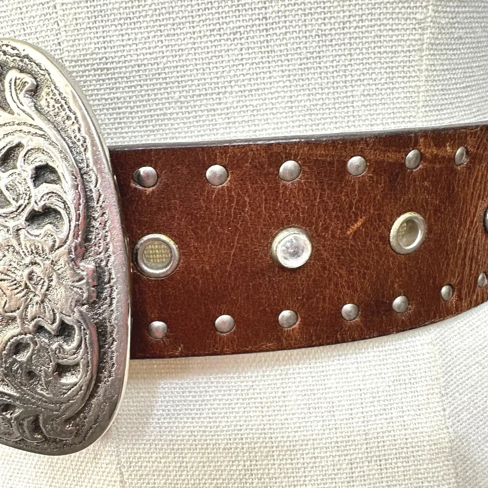 Y2K Genuine Leather Western Studded Belt L Brown Floral Engraved Buckle Cowgirl